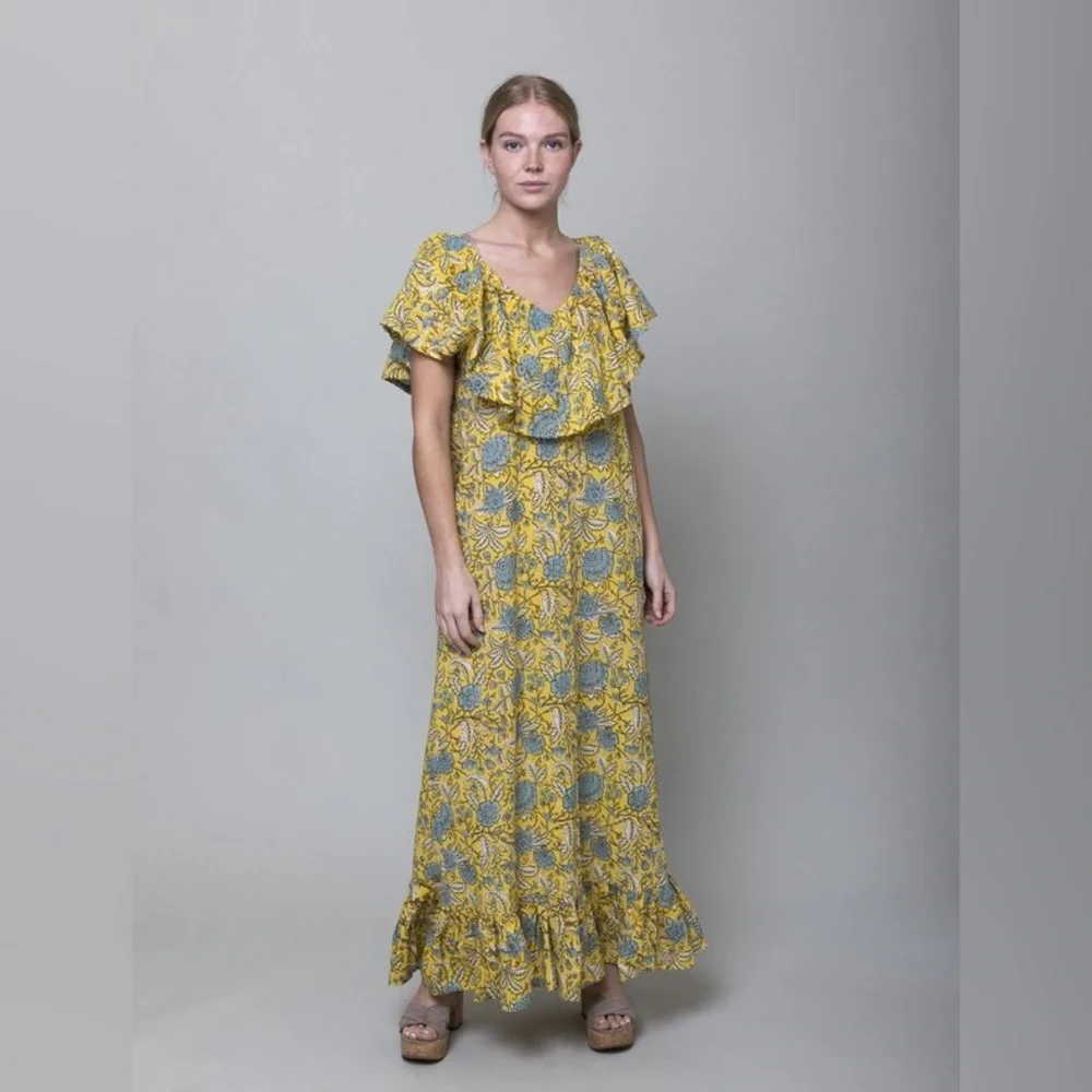 MILLE Resort & Travel Juliet Yellow Blue Floral Ruffle Maxi Summer Cotton Dress